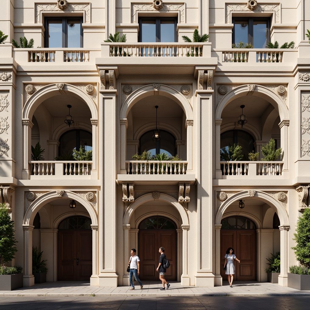 Prompt: Grandiose building facade, ornate columns, symmetrical architecture, intricately carved details, classical pediments, majestic arches, rusticated stone walls, elegant balustrades, refined stucco textures, soft warm lighting, subtle gradient effects, 1/1 composition, shallow depth of field, realistic renderings, ambient occlusion.