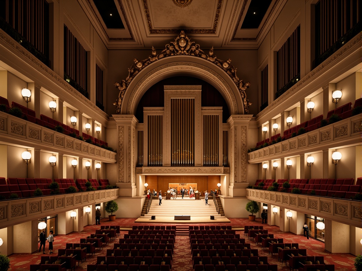 Prompt: Grand concert hall, neoclassical facade, ornate columns, intricately carved stonework, symmetrical architecture, grand entrance, sweeping staircase, rich wood tones, velvet drapes, crystal chandeliers, acoustic panels, professional stage lighting, plush seating, elegant lobbies, modern sound systems, historic building renovation, urban cityscape, nighttime illumination, softbox lighting, shallow depth of field, 2/3 composition, realistic textures, ambient occlusion.