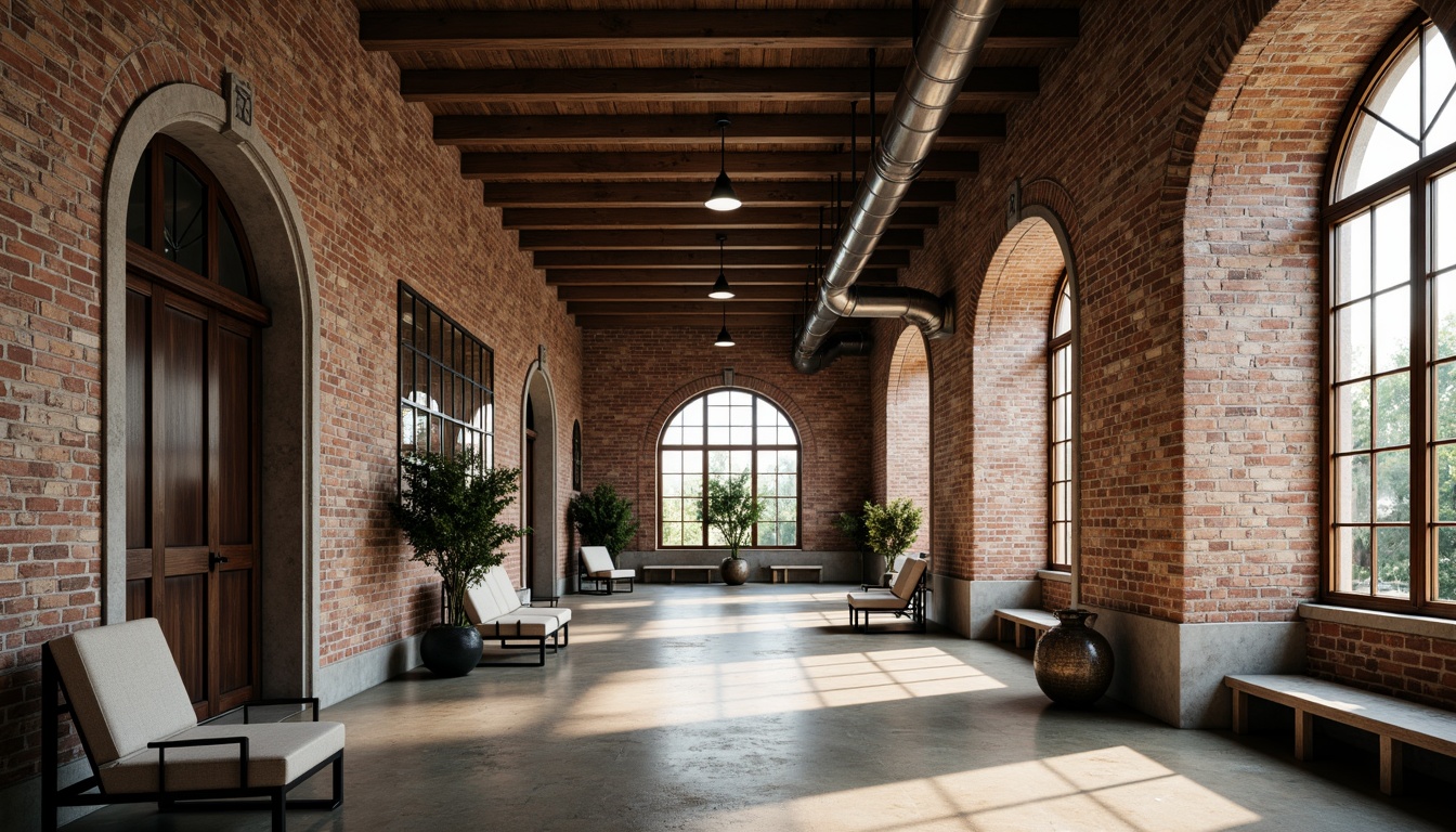 Prompt: Rustic stone walls, arched windows, ornate carvings, industrial pipes, metallic accents, distressed brick textures, grand entrance halls, high ceilings, Gothic-inspired columns, vintage machinery, reclaimed wood beams, exposed ductwork, modern minimalist furniture, warm soft lighting, 1/1 composition, shallow depth of field, realistic material renders.