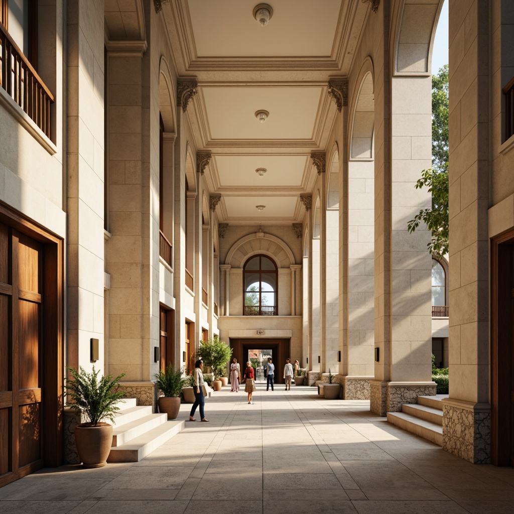 Prompt: Elegant university buildings, neo-classical fa\u00e7ades, ornate columns, archways, rusticated bases, rich wooden doors, grand staircases, vaulted ceilings, subtle cream hues, muted grey tones, earthy brown accents, sophisticated beige shades, soft golden lighting, warm afternoon sun, shallow depth of field, 1/1 composition, symmetrical framing, realistic textures, ambient occlusion.