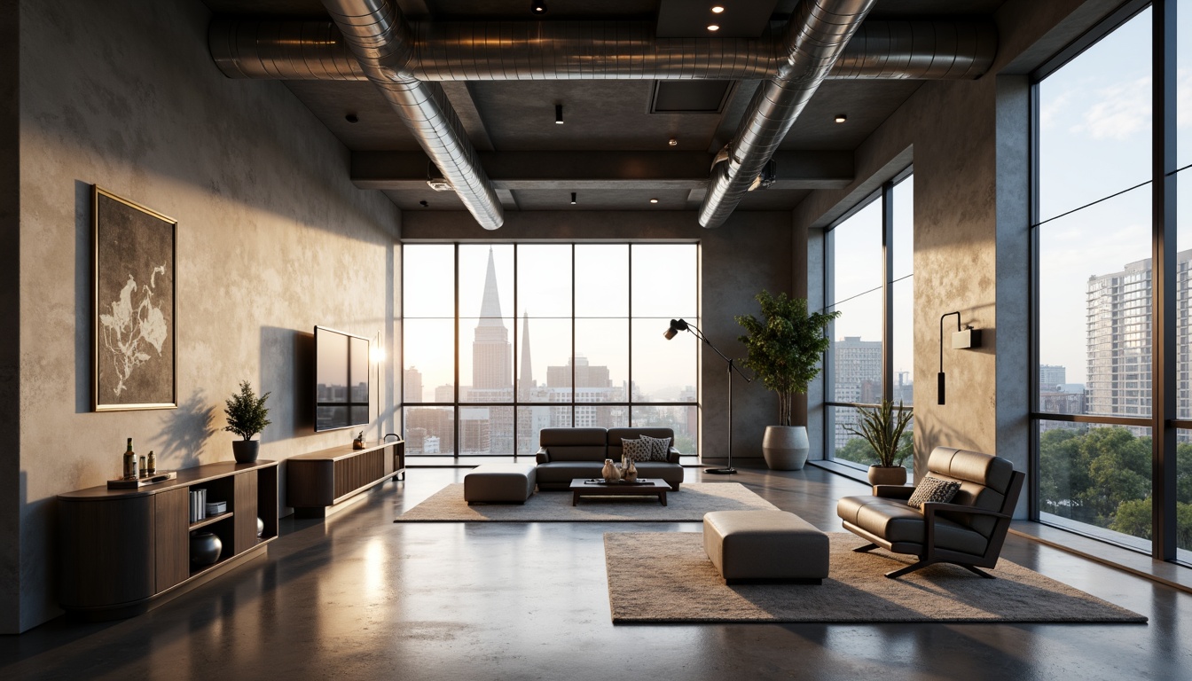 Prompt: Minimally decorated loft space, polished concrete floors, exposed ductwork, industrial-style lighting fixtures, sleek low-profile furniture, curved lines, rounded shapes, monochromatic color scheme, accent walls, geometric patterns, metallic accents, floor-to-ceiling windows, cityscape views, soft warm glow, shallow depth of field, 2/3 composition, atmospheric perspective, realistic textures, subtle ambient occlusion.