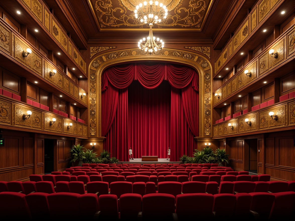 Prompt: Vibrant theater interior, rich velvet curtains, golden ornate details, dimmable warm lighting, plush red seating, elegant wooden paneling, intricate molding, subtle gradient colors, monochromatic scheme, contrasting accents, harmonious color palette, sophisticated academic style, ornate chandeliers, majestic high ceilings, grandiose architecture, dramatic spotlights, soft diffused sidelights, 1/1 composition, cinematic mood lighting, realistic textures, ambient occlusion.