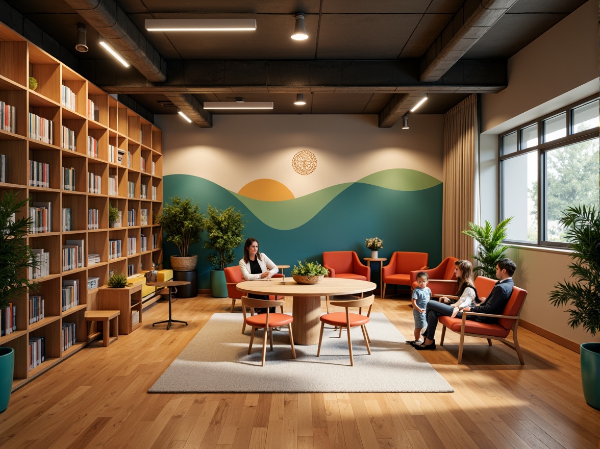 Prompt: Cozy student lounge, wooden flooring, modern minimalist furniture, vibrant color accents, functional shelving units, comfortable seating areas, collaborative workspaces, private study nooks, natural textiles, earthy tone palette, warm ambient lighting, shallow depth of field, 1/1 composition, realistic renderings, soft focus effect.