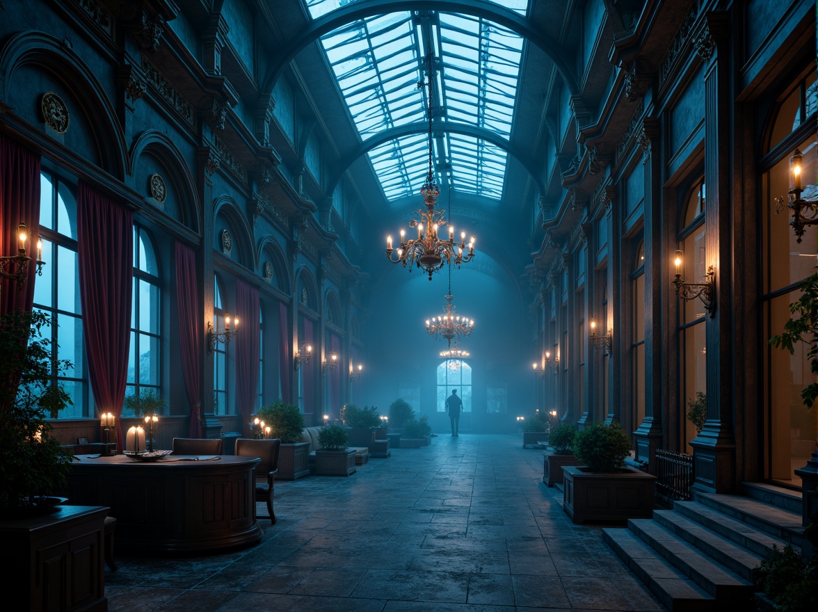 Prompt: Moody atmospheric architecture, Prussian blue accents, rich wood textures, ornate metal details, grandiose high ceilings, luxurious velvet drapes, opulent chandeliers, intricate stonework, mystical foggy atmosphere, soft warm lighting, shallow depth of field, 1/1 composition, realistic reflections, ambient occlusion.