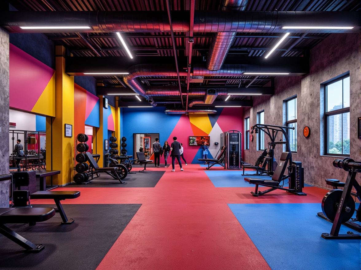 Prompt: Vibrant gym interior, bold geometric shapes, dynamic color scheme, industrial materials, exposed ductwork, metallic accents, raw concrete walls, neon lights, urban atmosphere, functional equipment, free weights, exercise machines, mirrored walls, high ceilings, modern architecture, brutalist design, abstract art pieces, graphic patterns, 1/1 composition, high-key lighting, dramatic shadows, realistic textures.