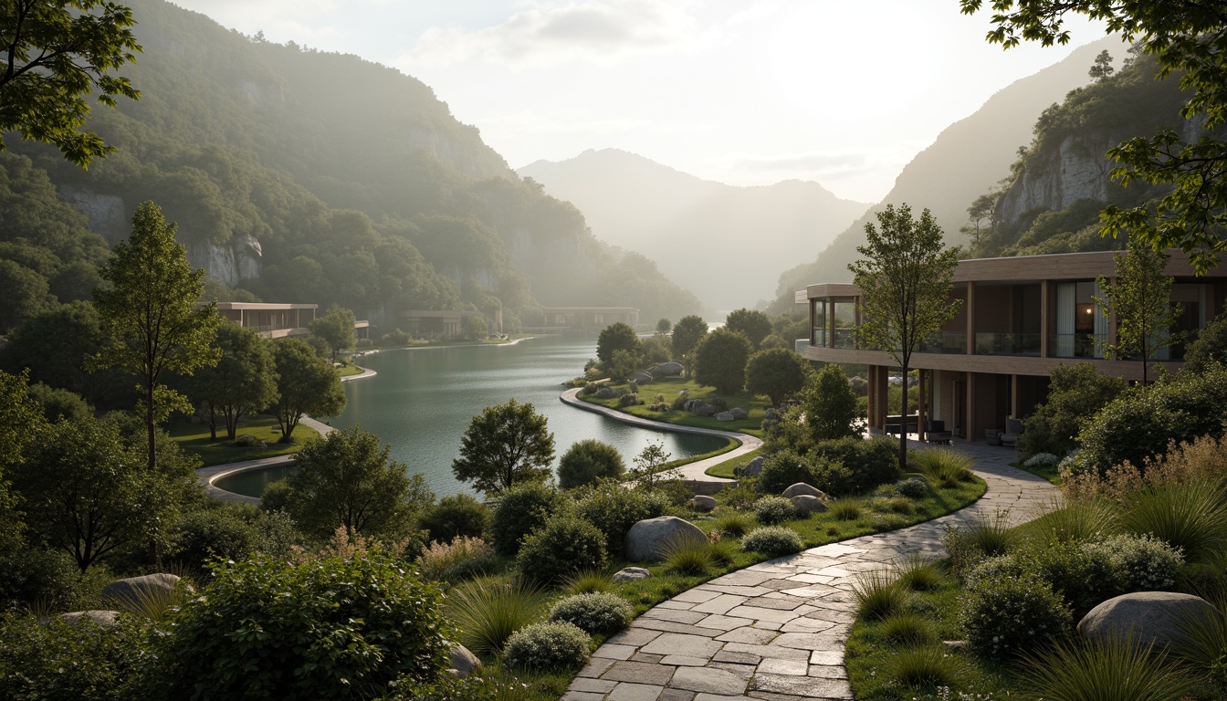 Prompt: Ethereal mountainside, lush forest, serene lake, winding stone pathways, organic architecture, green roofs, cantilevered structures, floor-to-ceiling windows, natural ventilation systems, rainwater harvesting, solar panels, recycled materials, minimalist design, curved lines, earthy tones, soft warm lighting, misty atmosphere, shallow depth of field, 3/4 composition, panoramic view, realistic textures, ambient occlusion.