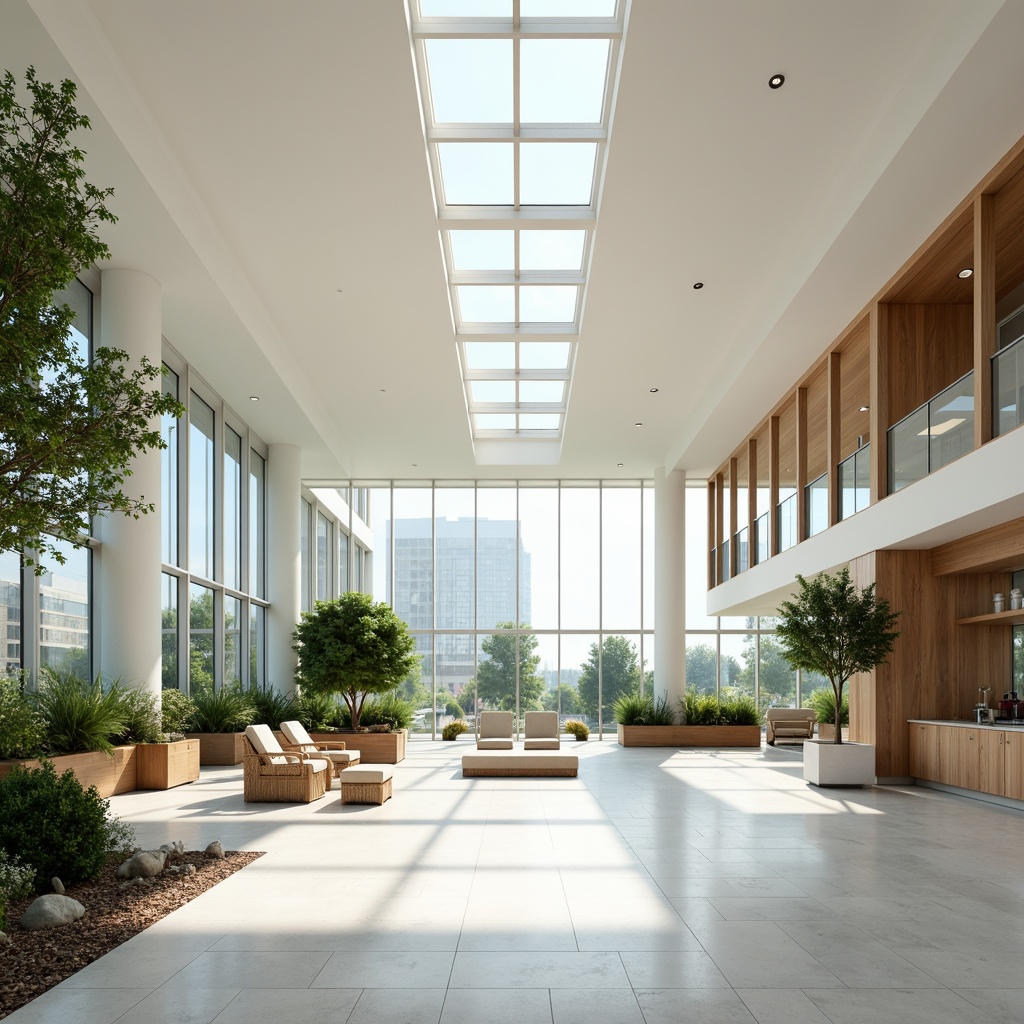 Prompt: Spacious open-plan interior, floor-to-ceiling windows, clerestory windows, skylights, reflective white surfaces, minimal obstruction, airy atmosphere, natural materials, wooden accents, green walls, living plants, diffused soft lighting, warm color tones, shallow depth of field, 1/2 composition, realistic textures, ambient occlusion.