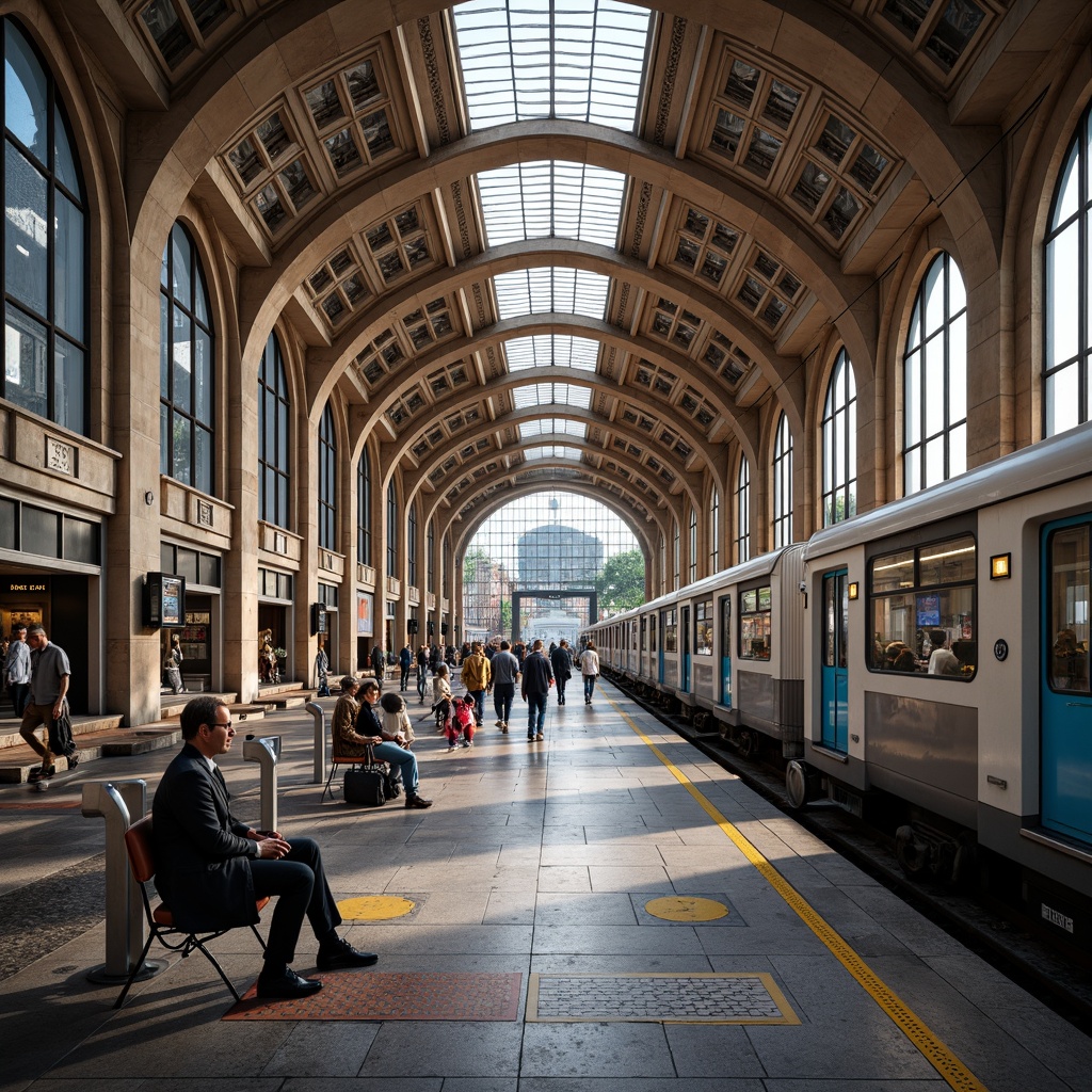 Prompt: Grandiose metro station, Romanesque archways, ornate stone carvings, vaulted ceilings, large windows, natural light pouring in, busy commuter scene, modern transportation hub, sleek trains, stainless steel rails, intricate mosaic patterns, vibrant colored tiles, ambient lighting, shallow depth of field, 1/2 composition, realistic textures, urban cityscape, bustling streets, contemporary architecture, innovative engineering solutions, eco-friendly materials.