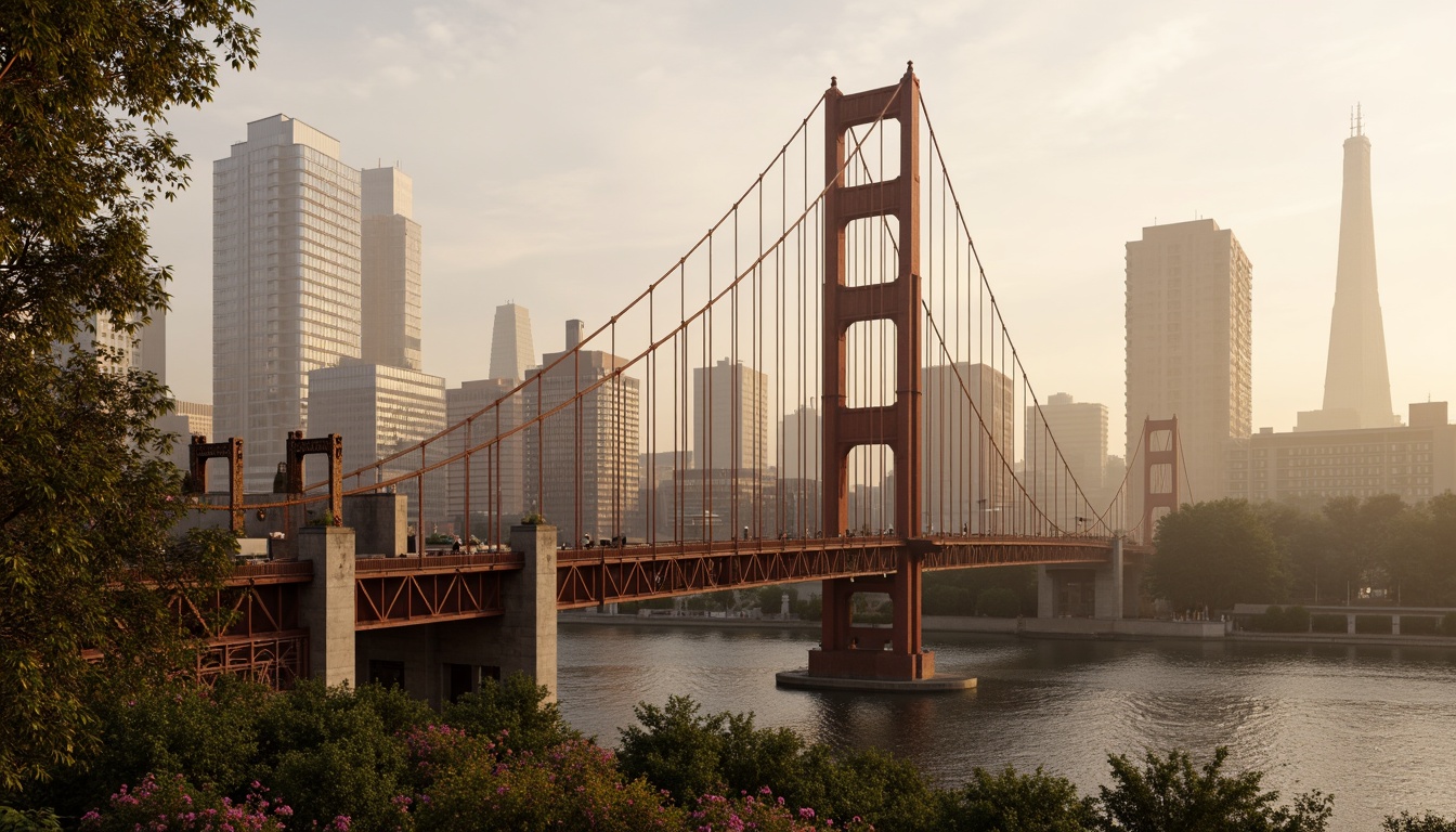 Prompt: Vibrant steel bridges, urban cityscape, misty morning fog, warm golden lighting, rusted metal textures, industrial architecture, geometric shapes, modern suspension design, cable-stayed structures, riverbank scenery, lush greenery, blooming flowers, soft pastel colors, gentle gradient transitions, atmospheric perspective, 1/2 composition, realistic reflections, subtle ambient occlusion.