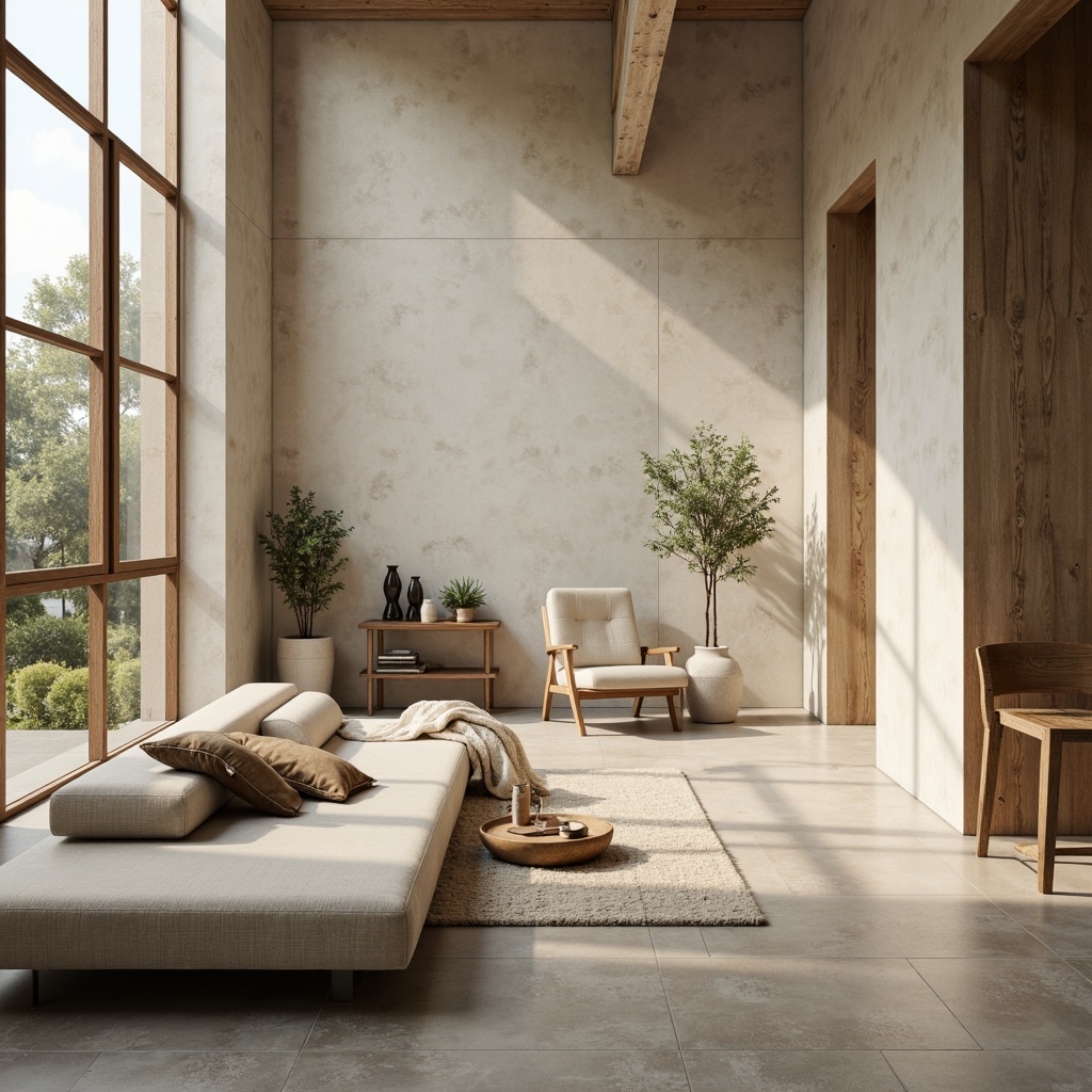 Prompt: Monochromatic interior, soft beige walls, minimalist decor, sleek low-profile furniture, subtle texture contrasts, industrial-chic accents, natural materials, polished concrete floors, floor-to-ceiling windows, abundant daylight, soft warm lighting, shallow depth of field, 3/4 composition, realistic textures, ambient occlusion, calming atmosphere, serene ambiance.