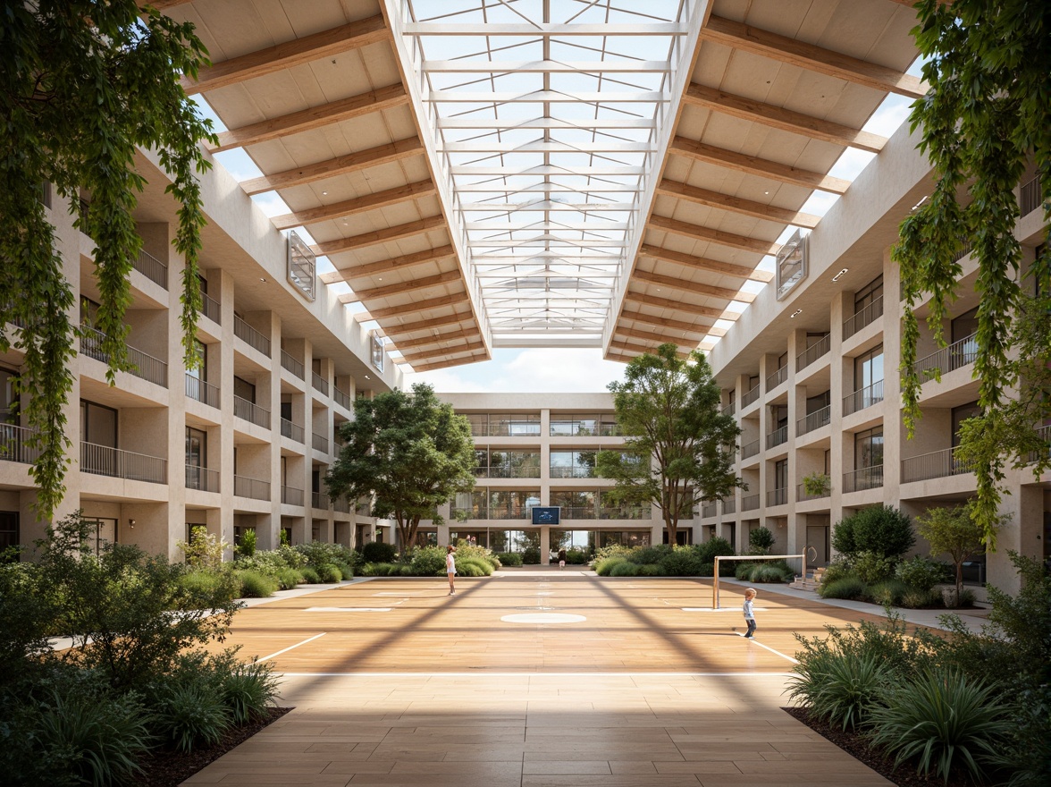 Prompt: Spacious gymnasium, high ceilings, clerestory windows, transparent rooflights, reflective surfaces, polished wooden floors, athletic tracks, basketball courts, volleyball nets, spectator seating areas, natural stone walls, minimalist interior design, abundant greenery, hanging plants, tropical trees, sunny day, soft warm lighting, shallow depth of field, 3/4 composition, panoramic view, realistic textures, ambient occlusion.