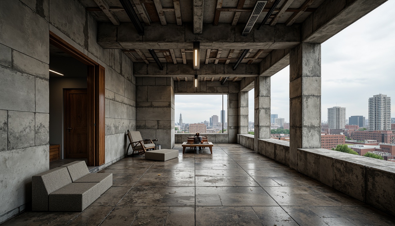 Prompt: Rough-hewn concrete walls, exposed ductwork, rugged stone floors, industrial metal beams, distressed wooden accents, bold geometric patterns, raw unfinished surfaces, brutalist architectural style, minimalist interior design, functional spaces, urban cityscape background, overcast sky, dramatic shading, high-contrast lighting, gritty realistic textures, cinematic composition, wide-angle lens, shallow depth of field.