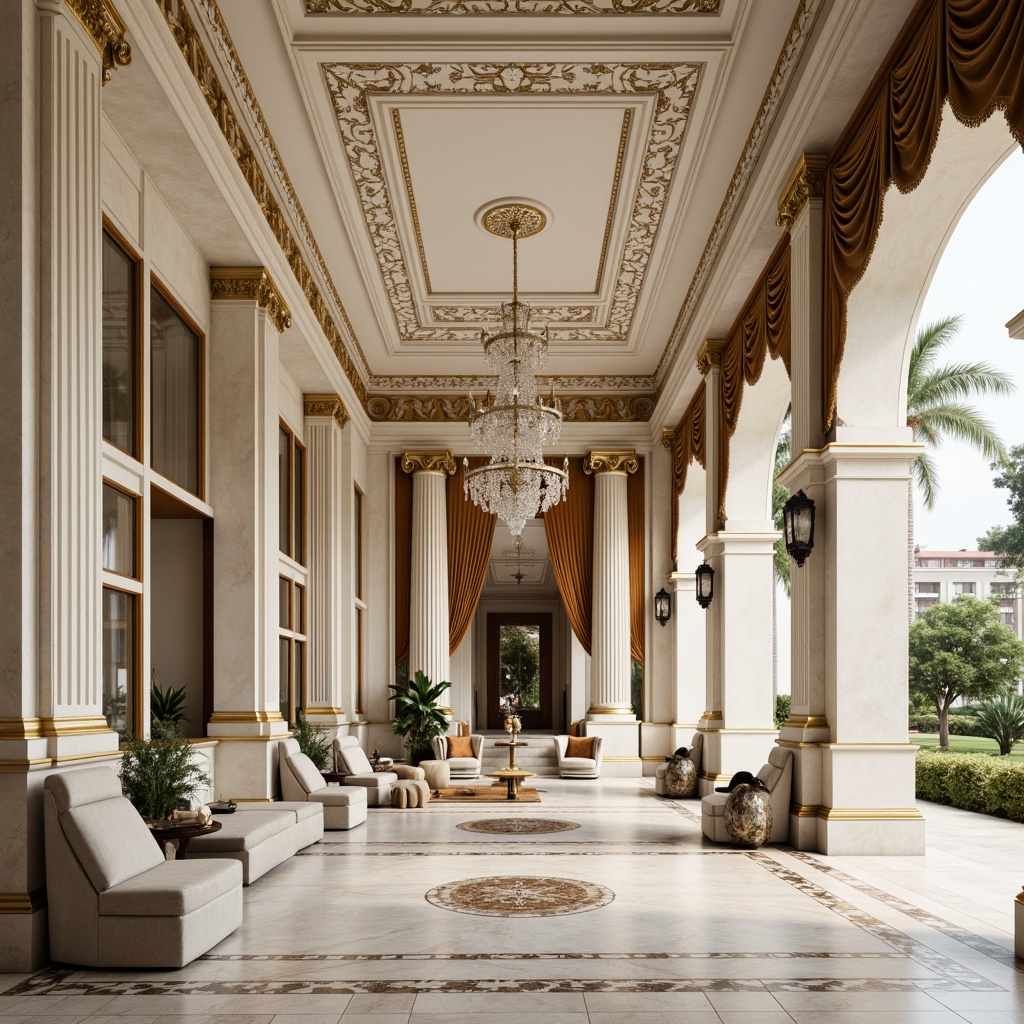 Prompt: \Elegant neoclassical mansion, ornate facade, grand entrance, marble columns, symmetrical architecture, creamy white walls, warm beige accents, rich gold details, lavish furnishings, velvet drapes, intricate moldings, crystal chandeliers, soft natural light, shallow depth of field, 1/2 composition, realistic textures, ambient occlusion.\