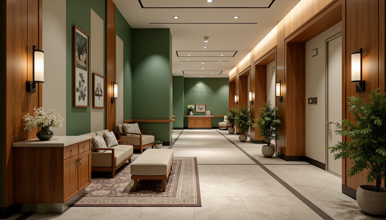 Prompt: Elegant medical facility, refined wooden accents, ornate metal fixtures, sophisticated lighting sconces, plush waiting area furniture, vibrant green walls, natural stone flooring, intricate patterned rugs, minimalist artwork, calm atmosphere, soft warm lighting, shallow depth of field, 3/4 composition, realistic textures, ambient occlusion.