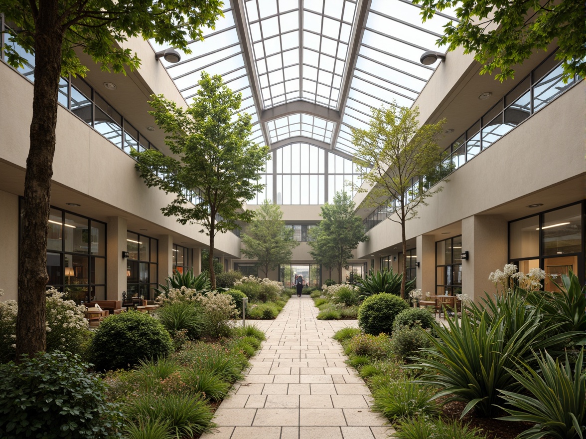 Prompt: Bright atrium, high ceilings, large skylights, floor-to-ceiling windows, transparent glass walls, reflective interior surfaces, minimal shading devices, open floor plans, north-facing orientations, clerestory windows, solar tubes, light shelves, overhangs, cantilevered roofs, green roofs, lush vegetation, natural textures, earthy color palette, warm ambient lighting, soft shadows, 1/1 composition, realistic reflections, subtle gradient maps.