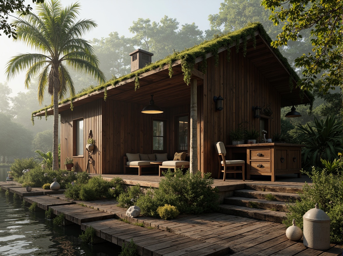 Prompt: Rustic boathouse, weathered wood accents, earthy brown hues, moss-covered roof, ivy-clad walls, tranquil lake surroundings, lush greenery, vintage nautical decor, distressed wooden planks, ornate metal fixtures, soft warm lighting, misty morning atmosphere, 1/1 composition, realistic textures, ambient occlusion.Please let me know if this meets your requirements!