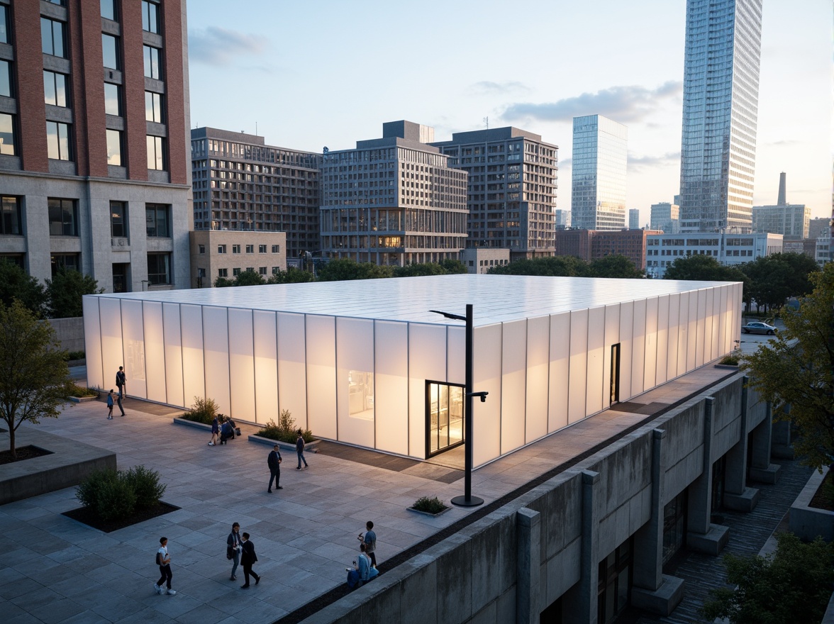 Prompt: Translucent polycarbonate panels, industrial aesthetic, brutalist architecture, urban landscape, concrete foundations, steel beams, modern cityscape, sleek lines, minimalist design, transparent roofing, natural light diffusion, warm ambient lighting, shallow depth of field, 1/1 composition, realistic reflections, high-contrast textures.