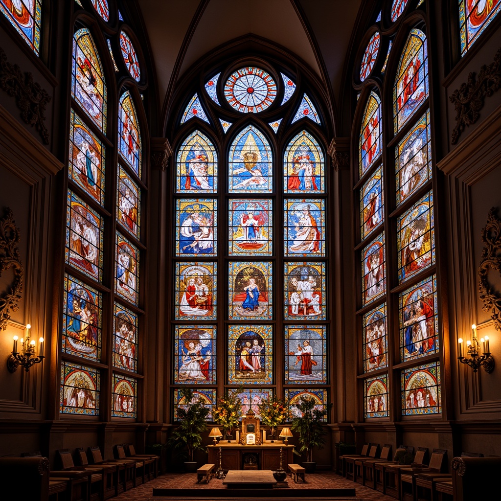 Prompt: Vibrant stained glass windows, kaleidoscopic colors, intricate patterns, ornate designs, gothic architecture, grand cathedrals, majestic churches, luxurious mansions, opulent interiors, warm ambient lighting, soft diffused glow, detailed textures, realistic reflections, 1/1 composition, shallow depth of field, artistic expressions, symbolic motifs.