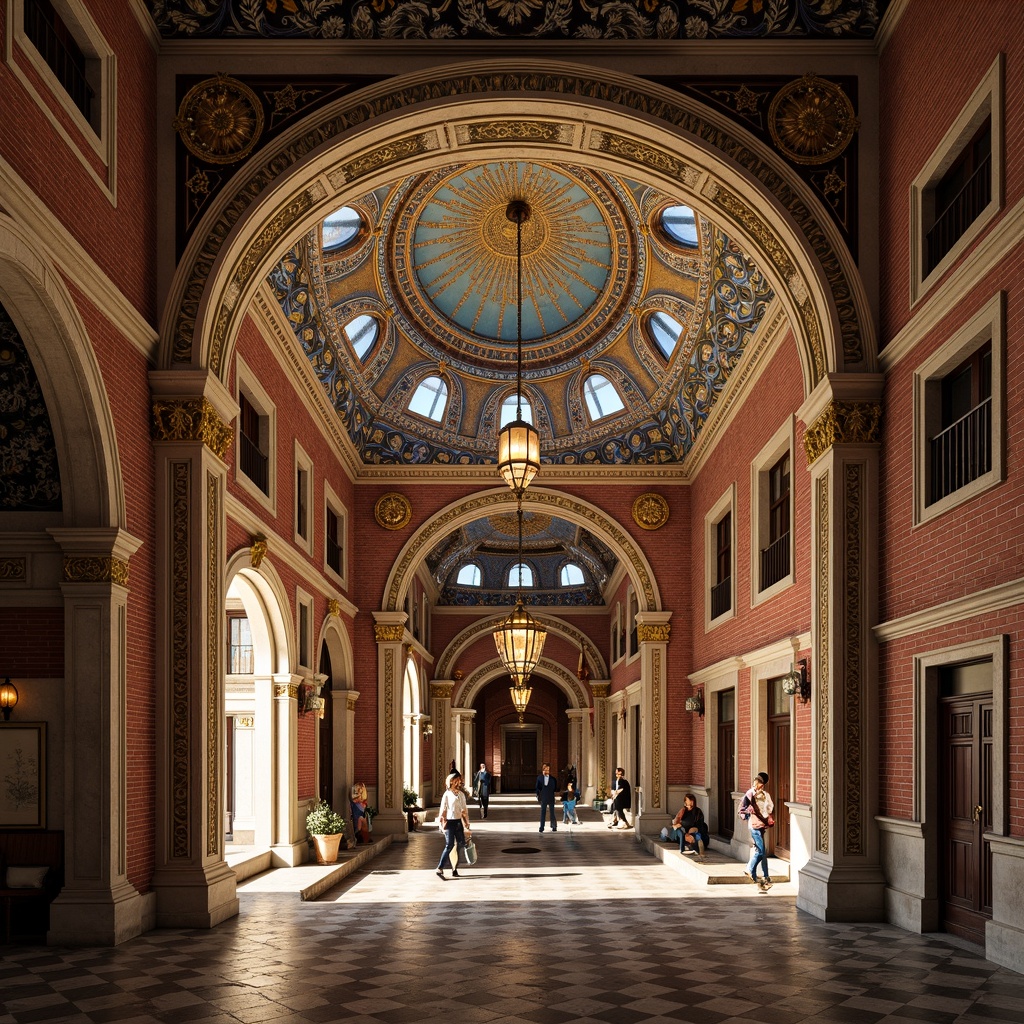 Prompt: Intricate stone carvings, ornate arches, vibrant mosaic patterns, golden accents, grand domes, symmetrical facades, red brick walls, ornamental columns, decorative capitals, Byzantine-inspired motifs, rich textures, warm lighting, shallow depth of field, 1/2 composition, realistic render, detailed ornaments, lavish decorations, regal atmosphere, historic references.