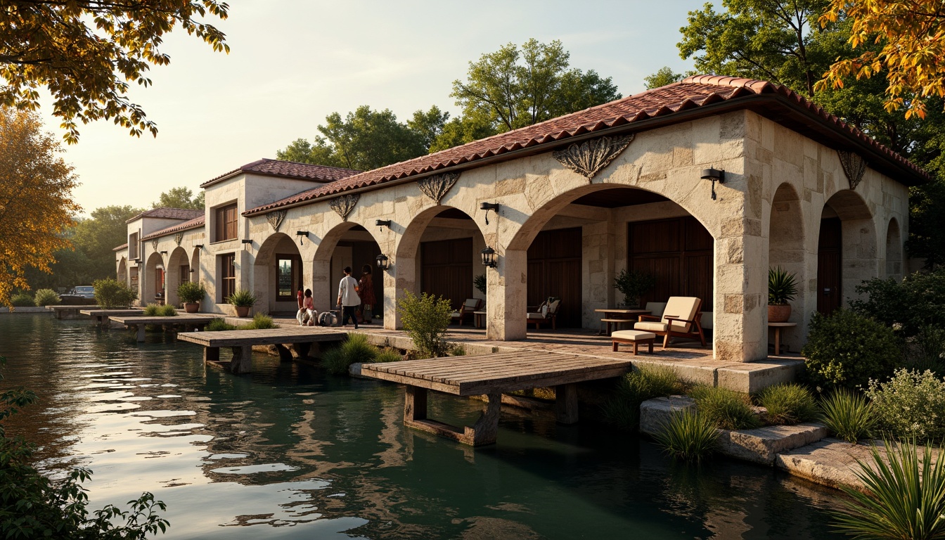 Prompt: Weathered wooden docks, rustic boathouse, Romanesque arches, ornate stone carvings, curved rooflines, terracotta tiles, warm earthy tones, natural stone foundations, wooden pilings, rippling water reflections, lush greenery, vintage nautical elements, distressed wood textures, warm golden lighting, shallow depth of field, 1/2 composition, atmospheric perspective, realistic water effects.