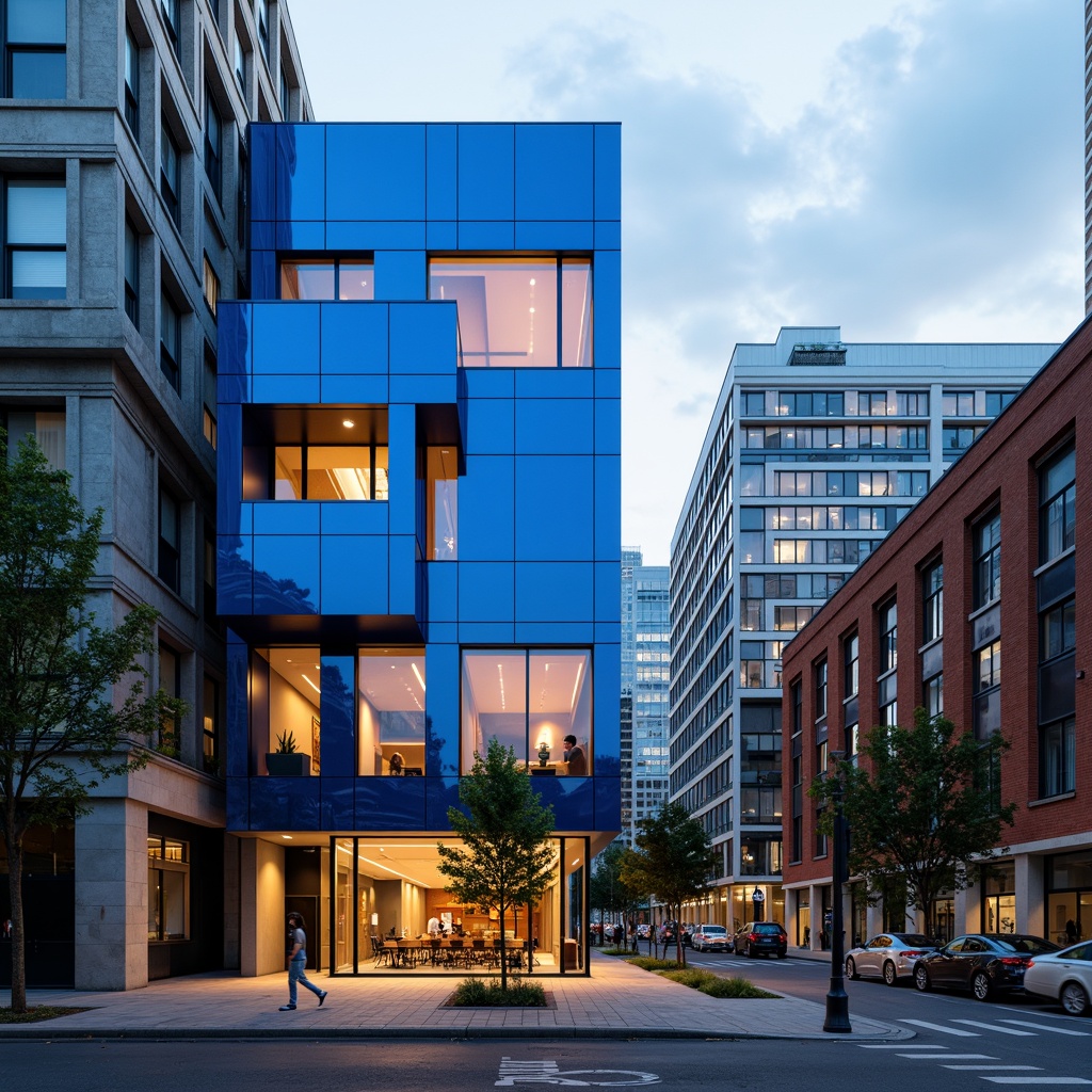 Prompt: Vibrant Prussian blue accents, modern architectural design, sleek metal buildings, glass facades, minimalist interiors, contrasting warm wooden textures, geometric patterns, urban cityscape, cloudy grey sky, dramatic shadow play, 1/1 composition, high contrast lighting, realistic reflections, ambient occlusion.