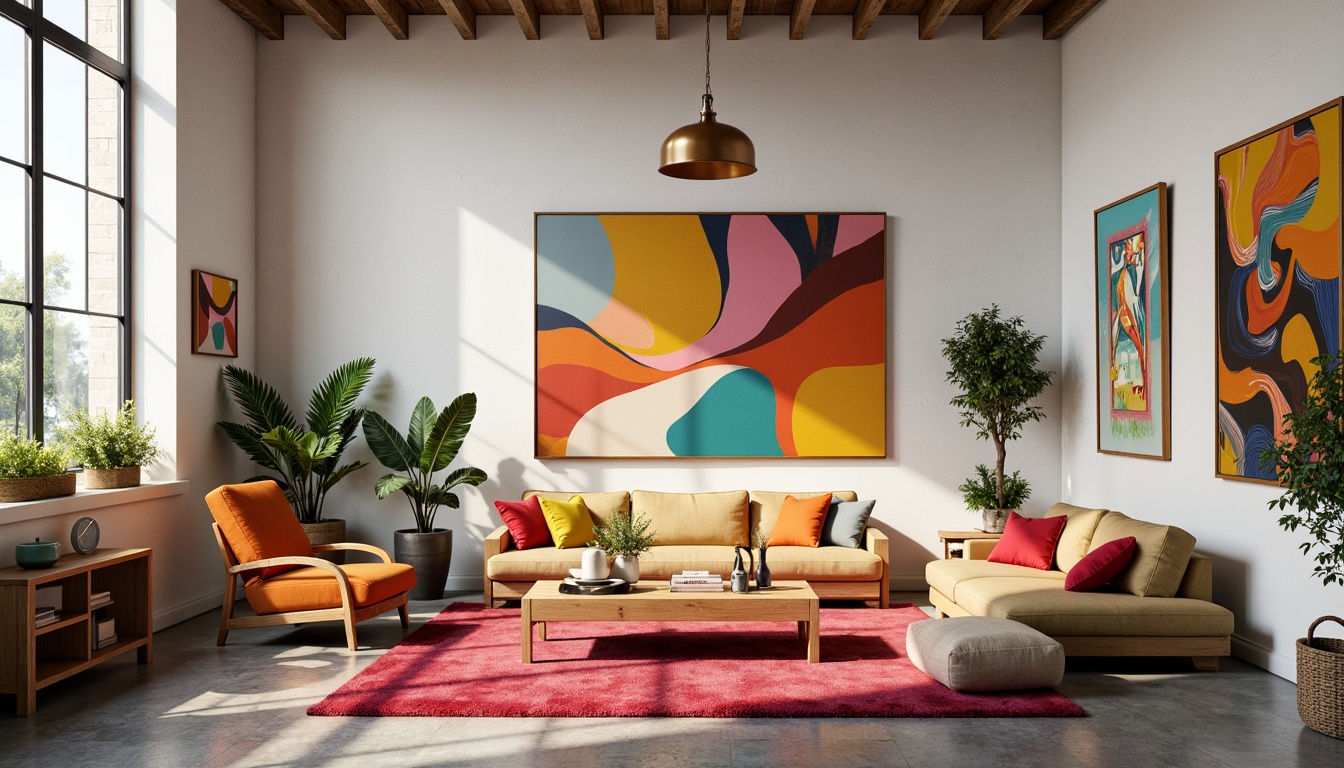 Prompt: Vibrant art studio, eclectic mix of furniture, bold colorful accents, natural wood textures, industrial metal frames, modern abstract artwork, creamy white walls, polished concrete floors, sleek minimalist decor, warm golden lighting, soft focus, shallow depth of field, 1/1 composition, realistic renderings, ambient occlusion.