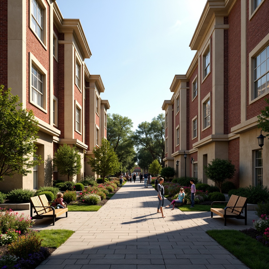 Prompt: Symmetrical social housing facade, classicist architectural style, ornate columns, arched windows, rustic brick walls, manicured lawns, vibrant flowerbeds, pruned shrubs, meandering walkways, cast iron benches, traditional street lamps, warm sunny day, soft natural lighting, shallow depth of field, 1/1 composition, realistic textures, ambient occlusion.