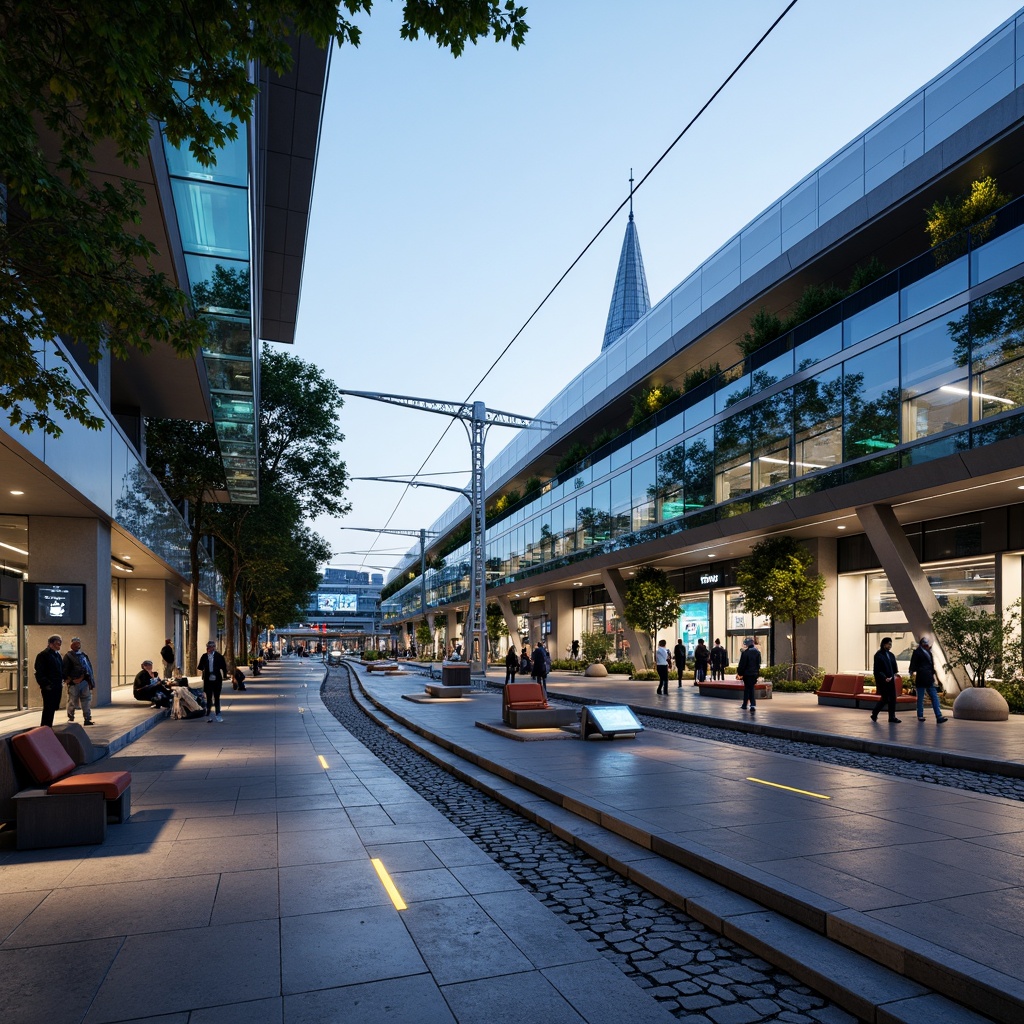 Prompt: Futuristic tram station, sleek curved lines, gleaming metallic surfaces, translucent glass roofs, vibrant LED lighting, modern minimalist architecture, spacious open platforms, innovative materials integration, sustainable energy harvesting, solar panels, wind turbines, green walls, eco-friendly concrete, recycled plastic benches, interactive digital displays, futuristic signage, dynamic ambient soundscape, shallow depth of field, 3/4 composition, panoramic view.