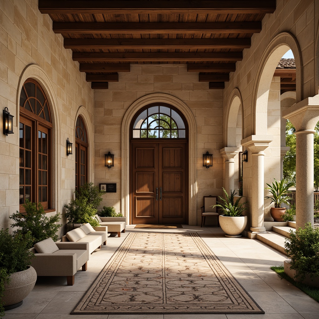 Prompt: Rustic clinic exterior, Romanesque arches, thick stone walls, ornate carvings, grand entrance, heavy wooden doors, stained glass windows, intricately patterned floors, vaulted ceilings, natural stone columns, ornamental capitals, warm beige colors, soft diffused lighting, shallow depth of field, 1/2 composition, realistic textures, ambient occlusion.