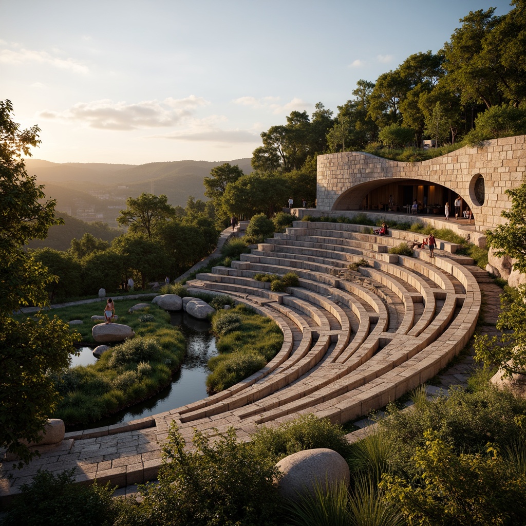 Prompt: Tiered seating, natural stone amphitheater, lush greenery surroundings, integrated landscape design, curved lines, organic architecture, earthy tones, wooden accents, cantilevered structures, dramatic lighting effects, sunset ambiance, warm golden hour, shallow depth of field, 1/1 composition, realistic textures, ambient occlusion, serene atmosphere, walking trails, native plant species, meandering streams, rocky outcrops, panoramic views.