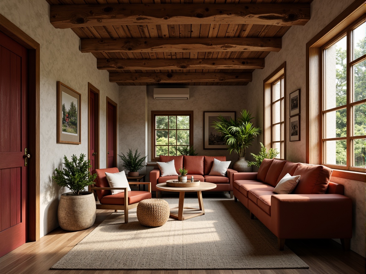 Prompt: Rich maroon accents, earthy terracotta hues, warm beige tones, soft sage greens, creamy ivory whites, subtle golden highlights, natural wood textures, rustic stone walls, cozy cabin ambiance, intimate atmospheric lighting, shallow depth of field, 2/3 composition, realistic renderings, ambient occlusion.