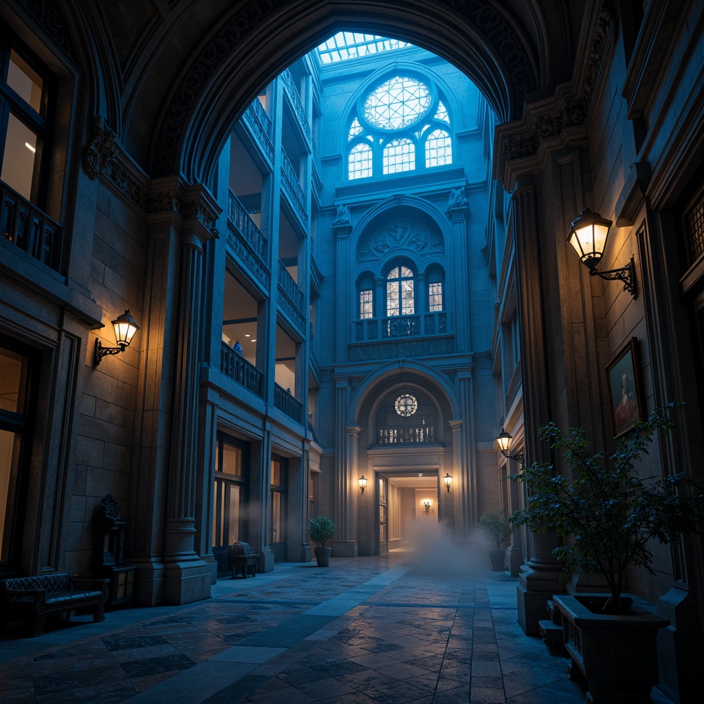 Prompt: Moody Prussian blue accents, majestic Gothic Revival architecture, grandiose entrance halls, ornate stone carvings, intricate stained glass windows, dramatic vaulted ceilings, mysterious nighttime ambiance, warm golden lighting, atmospheric mist effects, cinematic 2.35