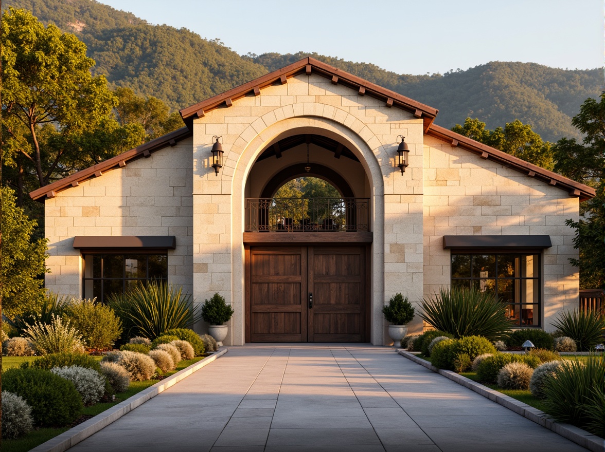 Prompt: Rustic winery facade, Renaissance-style arches, stone walls, wooden accents, vintage metal decorations, ornate cornices, grand entrance gates, lush vineyards, rolling hills, sunny afternoon, warm golden lighting, soft focus, 1/1 composition, romantic ambiance, earthy tones, natural textures, ambient occlusion.