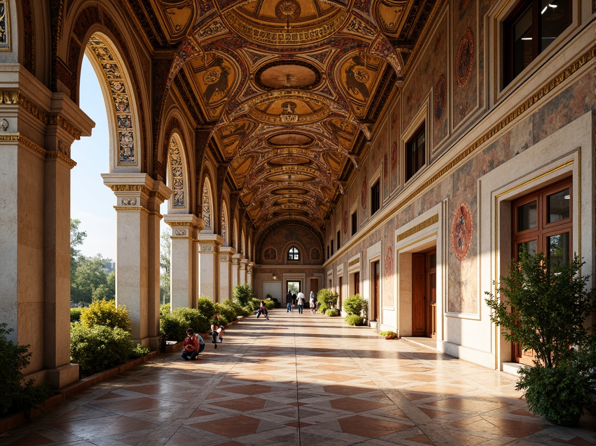 Prompt: Byzantine high school building, ornate mosaics, vibrant gold accents, intricate stone carvings, grand arches, ornamental columns, richly patterned floors, detailed iconography, majestic domes, natural light pouring in, warm earthy tones, Byzantine-inspired frescoes, decorative borders, geometric patterns, subtle texture variations, soft warm lighting, shallow depth of field, 1/2 composition, realistic reflections, ambient occlusion.