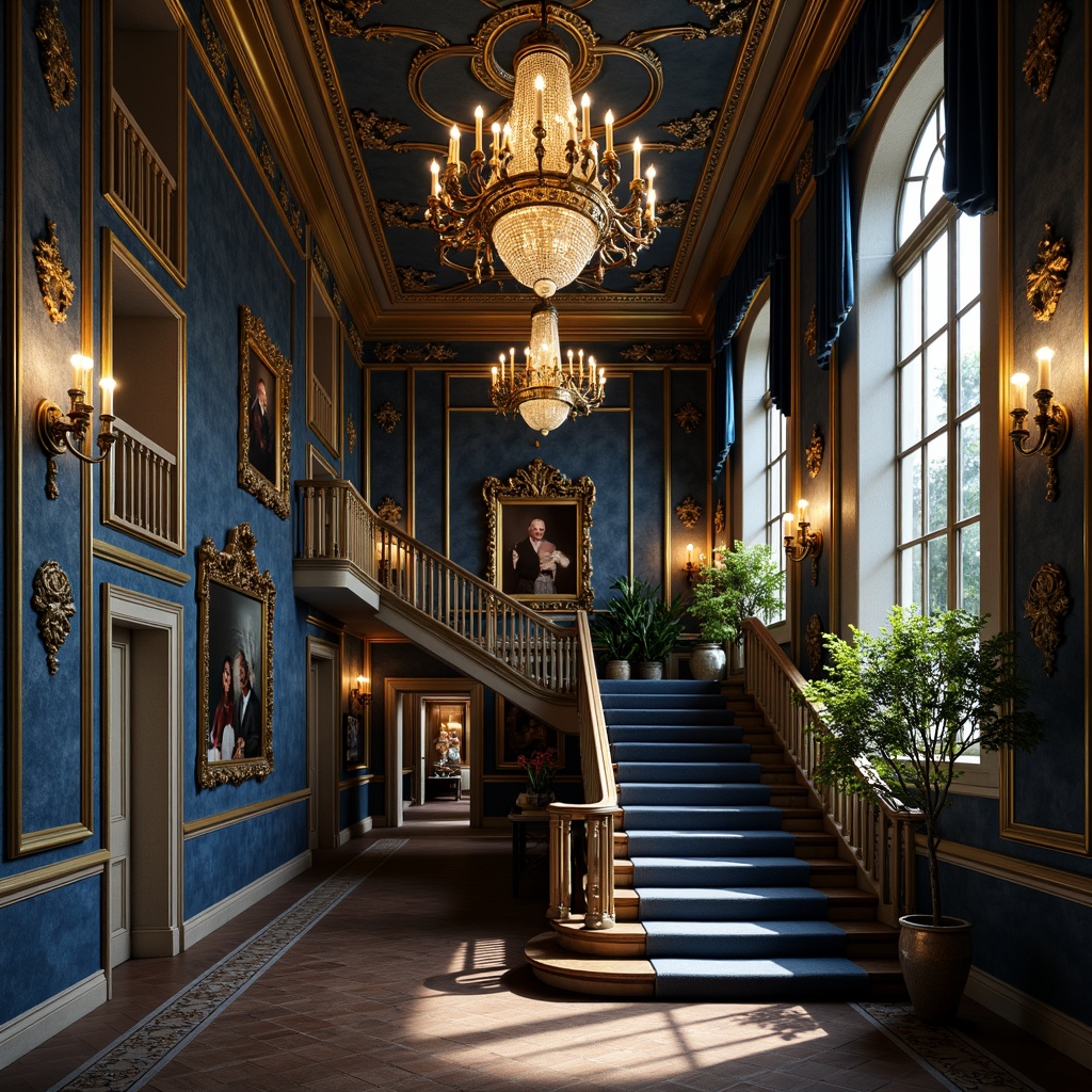 Prompt: Richly textured walls, Prussian blue accents, golden metallic trims, ornate Victorian-era details, grandiose high ceilings, intricate moldings, luxurious velvet drapes, opulent crystal chandeliers, majestic staircases, regal atmosphere, warm candlelight, soft focus, shallow depth of field, 1/1 composition, realistic reflections, ambient occlusion.