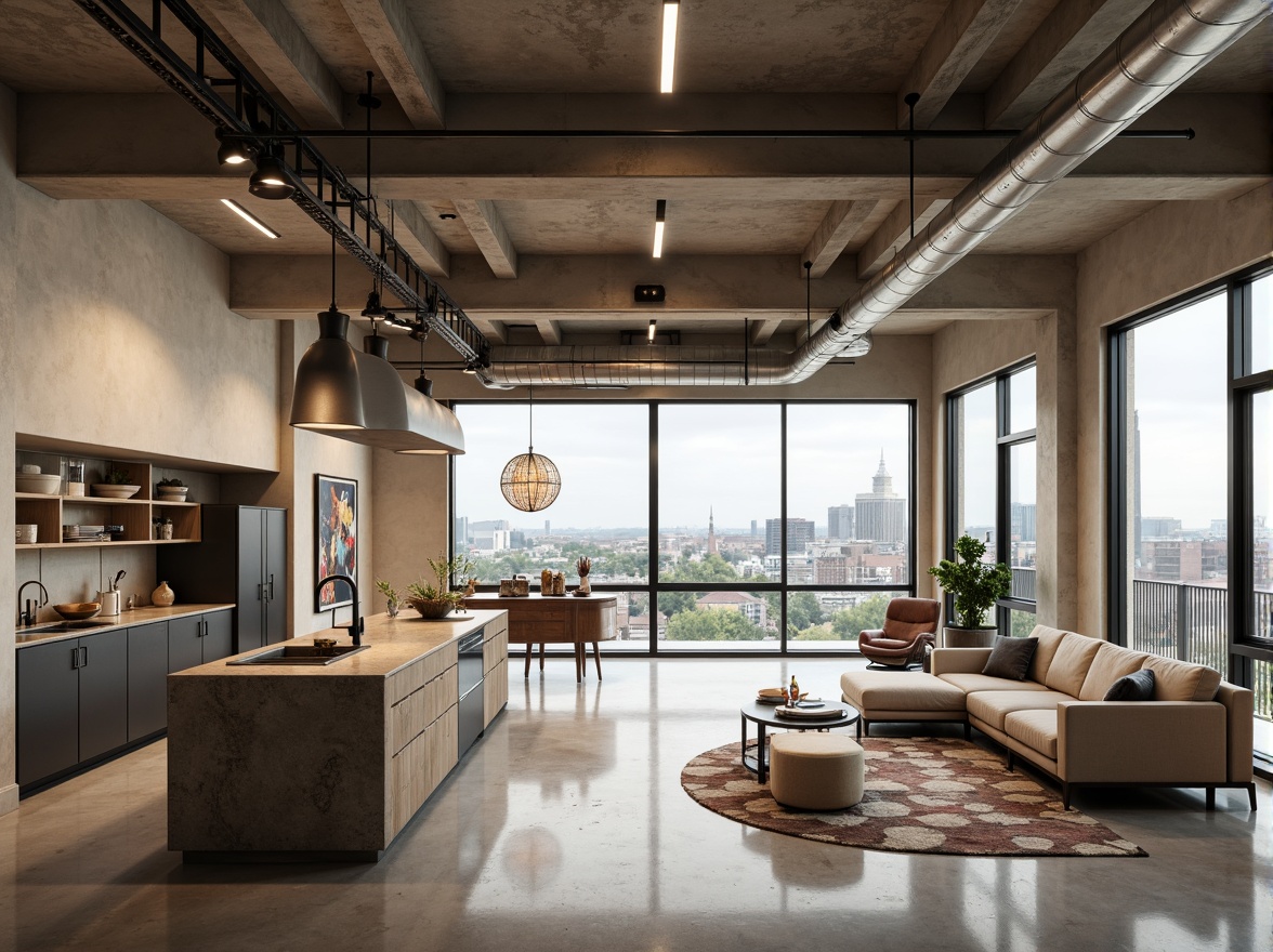 Prompt: Minimalist loft space, high ceilings, exposed ductwork, polished concrete floors, industrial metal beams, reclaimed wood accents, sleek low-profile furniture, curved lines, monochromatic color scheme, abundant natural light, floor-to-ceiling windows, cityscape views, modern track lighting, geometric-patterned rugs, abstract artwork, functional shelving units, built-in storage, open-plan living area, kitchen island, pendant lamps, matte black appliances, breakfast bar, plush area rug, warm beige tones, softbox lighting, shallow depth of field, 2/3 composition, realistic textures, ambient occlusion.