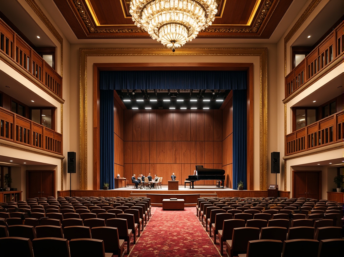 Prompt: Elegant concert hall, rich wood tones, warm beige walls, sophisticated navy blue accents, polished brass fixtures, luxurious velvet drapes, refined crimson red carpeting, ornate golden details, grand chandeliers, dramatic spotlights, high ceilings, spacious balconies, comfortable seating areas, intricate moldings, subtle texture patterns, soft diffused lighting, 1/2 composition, atmospheric rendering, realistic reflections.