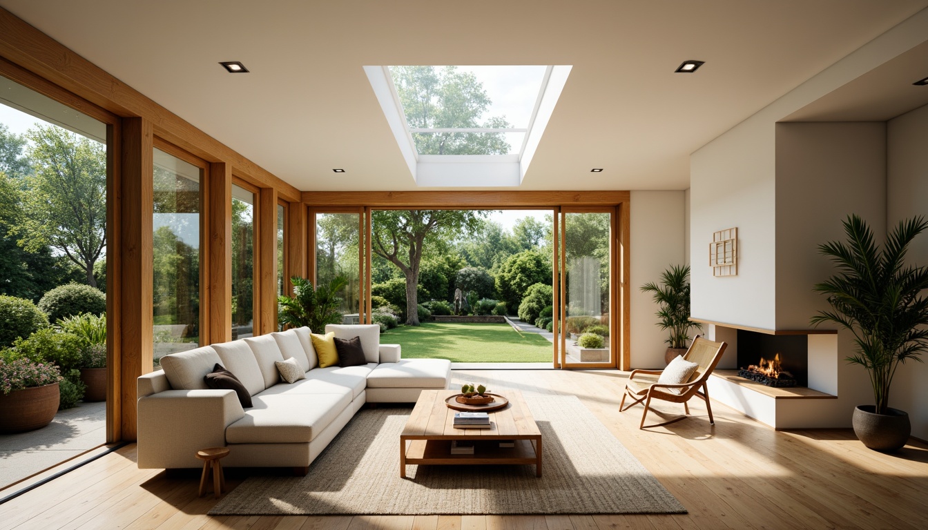 Prompt: Cozy living room, large windows, sliding glass doors, minimal window framing, clerestory windows, skylights, solar tubes, bright interior spaces, natural ventilation, cross breezes, airy atmosphere, soft diffused light, warm color palette, wooden flooring, minimalist decor, greenery views, lush outdoor gardens, morning sunlight, afternoon shade, gentle illumination, 1/1 composition, shallow depth of field, realistic textures.