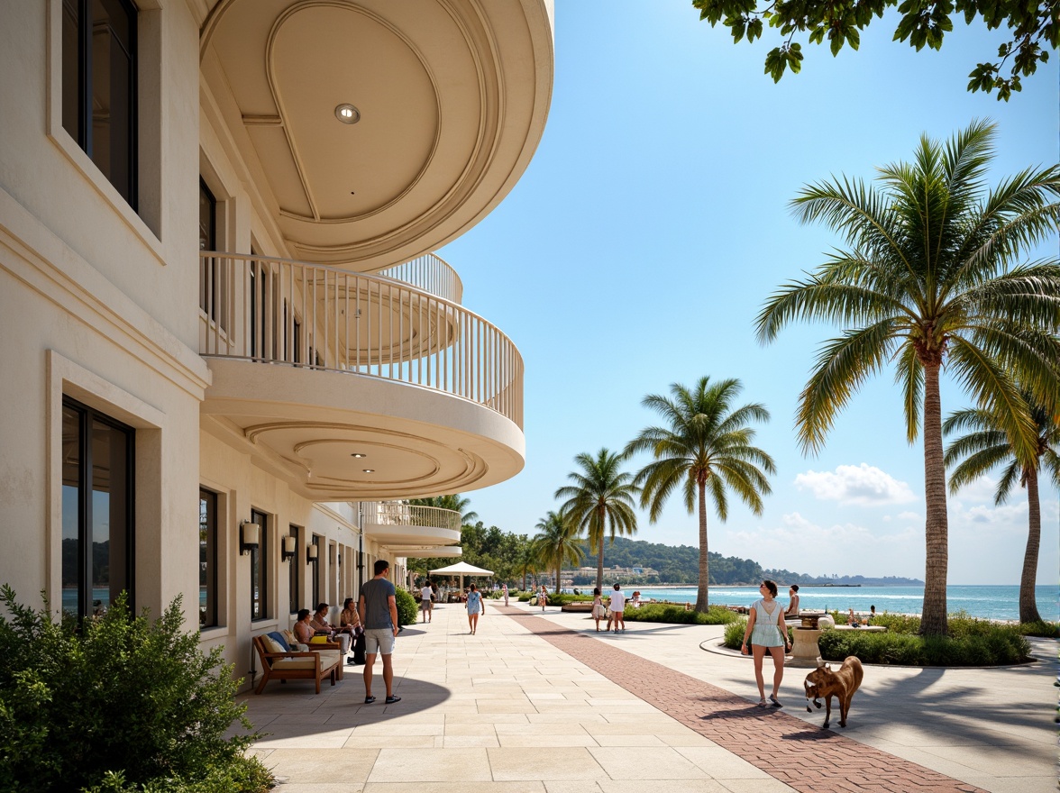 Prompt: Oceanfront promenade, art deco architecture, ornate metalwork, curved lines, geometric patterns, luxurious materials, pastel color palette, tropical plants, palm trees, sandy beach, crystal clear waters, sunny day, warm soft lighting, shallow depth of field, 3/4 composition, panoramic view, realistic textures, ambient occlusion.