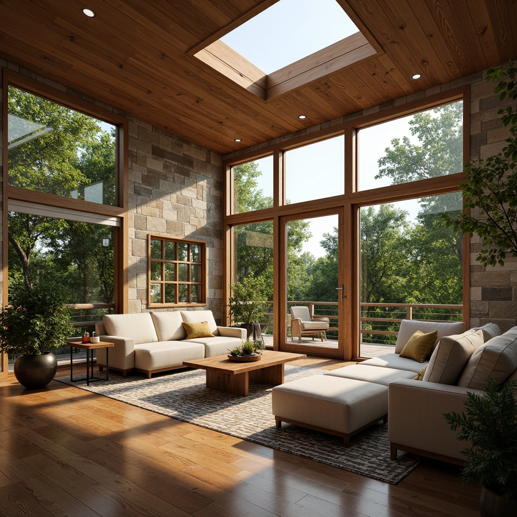 Prompt: Cozy living room, large windows, sliding glass doors, skylights, clerestory windows, natural stone walls, wooden flooring, earthy color palette, lush greenery, potted plants, soft warm lighting, shallow depth of field, 3/4 composition, panoramic view, realistic textures, ambient occlusion, morning sunlight, afternoon shadows, evening glow.