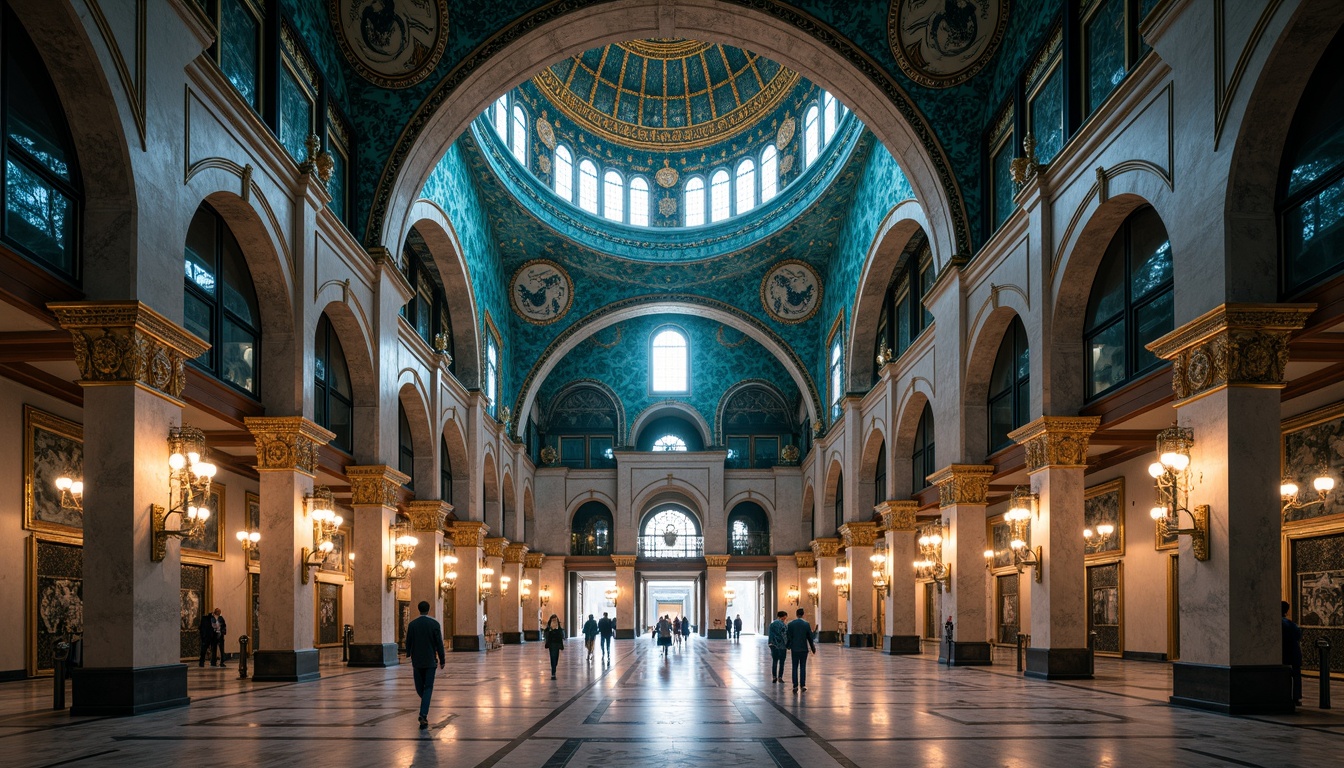 Prompt: Majestic Prussian blue domes, intricately patterned Islamic architecture, vibrant turquoise accents, ornate golden details, luxurious marble floors, grandiose high ceilings, dramatic archways, solemn columns, mysterious atmospheric lighting, soft warm glow, 1/1 composition, cinematic view, realistic reflections, ambient occlusion.