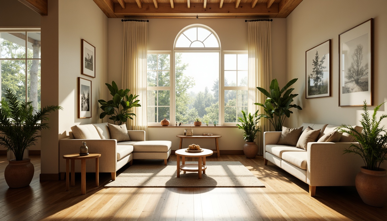 Prompt: Cozy living room, large windows, soft natural light, warm beige walls, comfortable furniture, lush greenery, potted plants, wooden floors, minimal decor, airy atmosphere, gentle shadows, subtle color palette, calming ambiance, morning sunlight, diffused illumination, 1/1 composition, shallow depth of field, realistic textures.