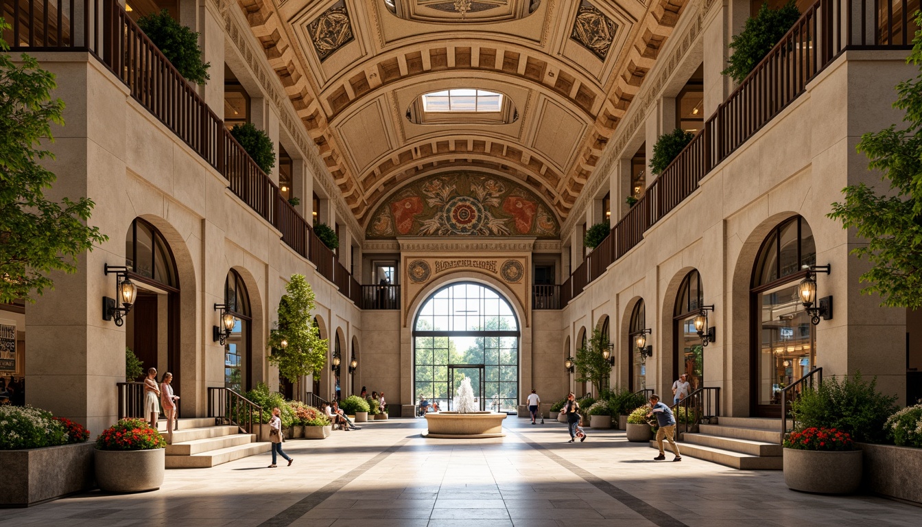 Prompt: \Grand metro station entrance, Romanesque archways, ornate stone carvings, lush greenery, vibrant flower arrangements, historic lampposts, intricate mosaics, warm beige stonework, majestic columns, grand staircases, ornamental railings, classical fountain features, natural stone flooring, elegant benches, soft warm lighting, shallow depth of field, 3/4 composition, panoramic view, realistic textures, ambient occlusion.\