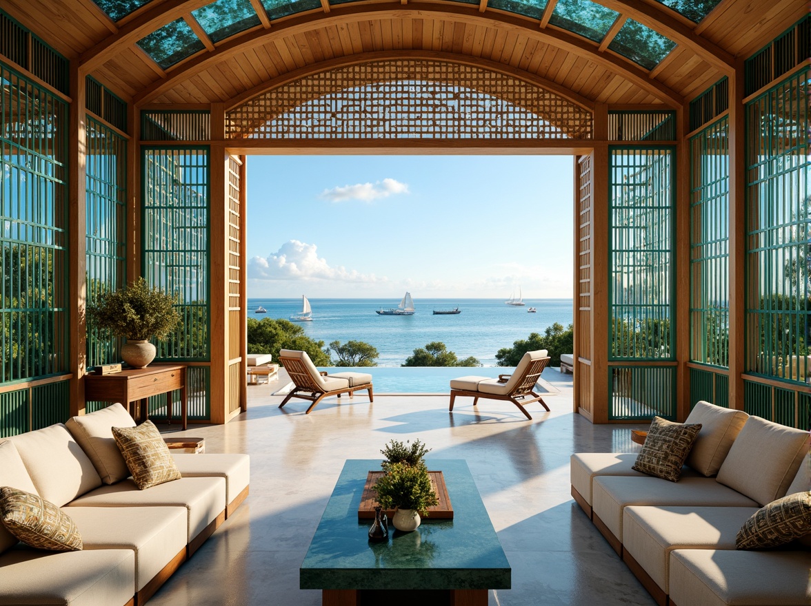 Prompt: Luxurious oceanfront villa, curved lines, ornate metalwork, vibrant turquoise accents, coral-inspired motifs, geometric patterns, lavish furnishings, exotic wood paneling, sleek marble surfaces, floor-to-ceiling windows, panoramic sea views, sun-kissed beach, crystal-clear waters, sailboats, seagulls, warm golden lighting, shallow depth of field, 1/2 composition, symmetrical framing, ornate decorative elements, opulent textiles, sophisticated color palette.