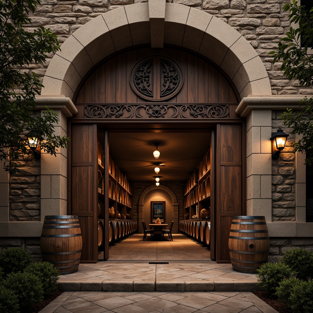 Prompt: Rustic winery building, Renaissance-style fa\u00e7ade, aged stone walls, wooden accents, ornate metalwork, curved archways, grand entrance doors, heavy drapery, vintage wine barrels, oak casks, dim warm lighting, soft focus, shallow depth of field, 1/1 composition, symmetrical framing, rich earthy tones, natural textures, ambient occlusion.