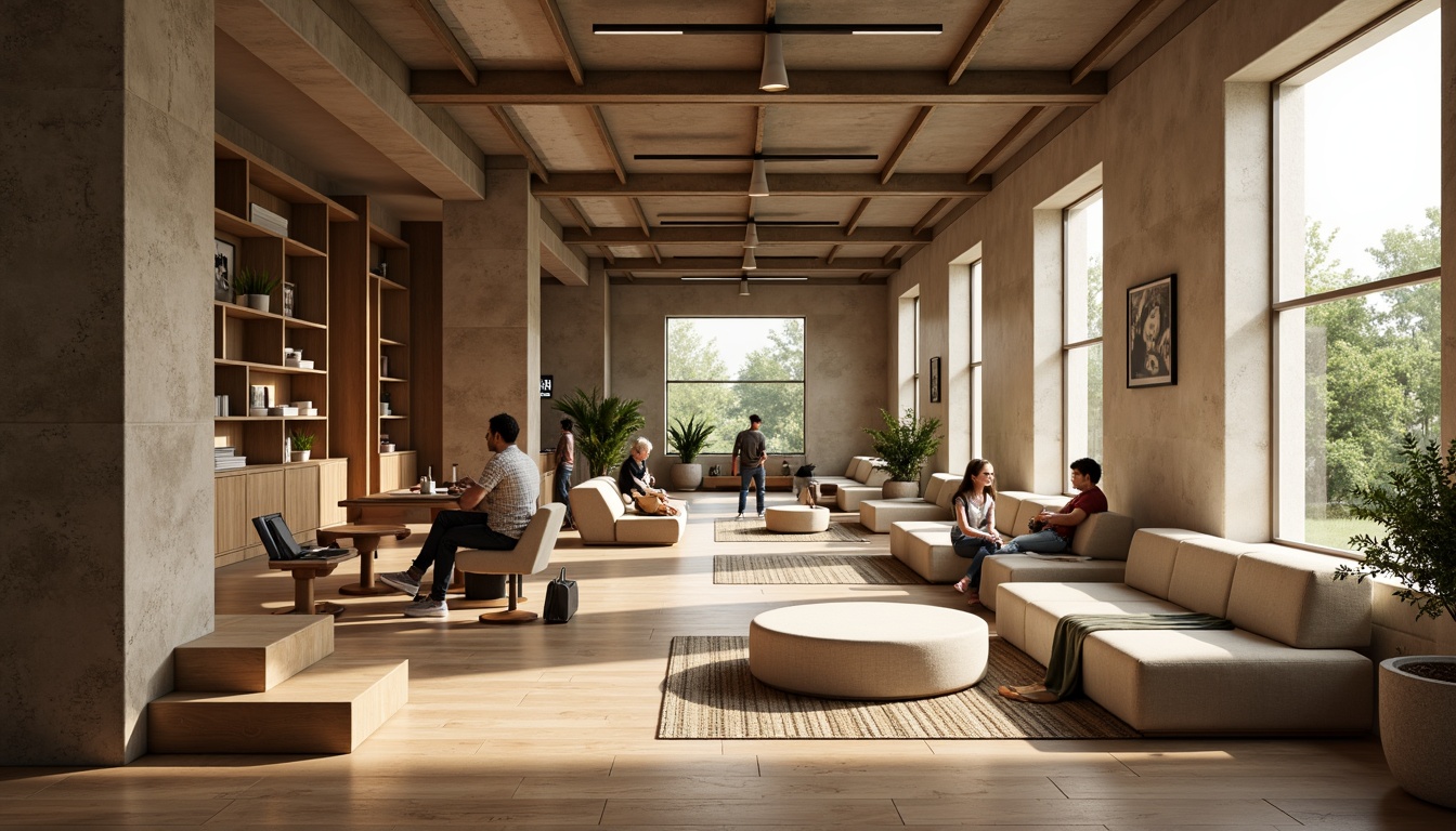 Prompt: Cozy student lounge, modern minimalist furniture, warm beige walls, wooden flooring, comfortable sofas, study tables, ergonomic chairs, floor lamps, natural textiles, industrial-chic decor, open-plan layout, functional shelving units, minimal ornamentation, soft indirect lighting, 1/1 composition, relaxed atmosphere, subtle color palette.