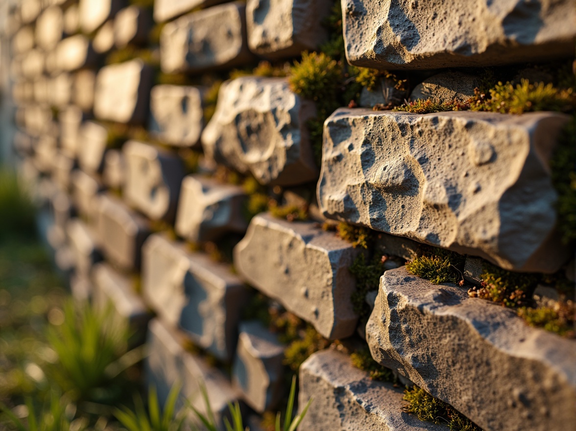 Prompt: Weathered stone walls, rustic lavacrete material, earthy tones, natural textures, rough-hewn surfaces, aged patina, moss-covered crevices, warm golden lighting, shallow depth of field, 1/2 composition, close-up shot, realistic renderings, ambient occlusion.