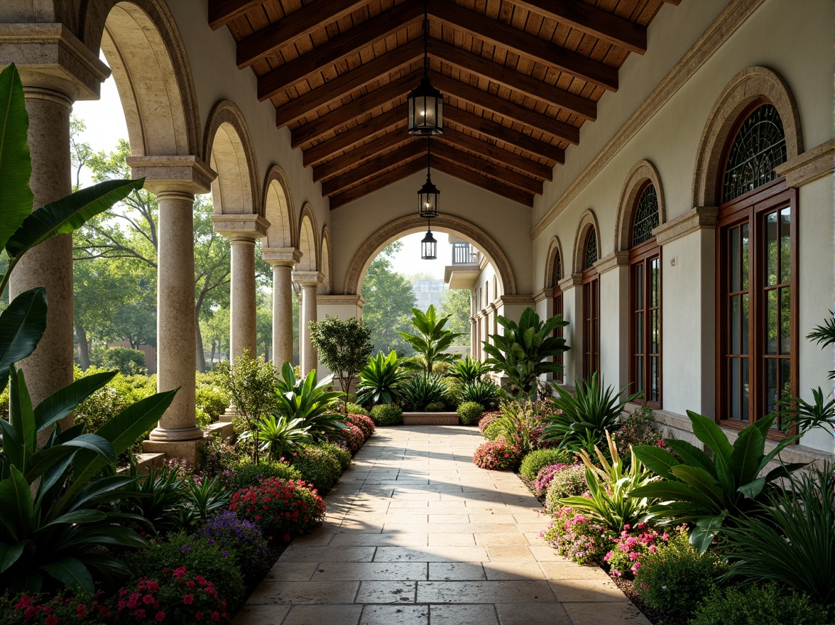 Prompt: Lush greenery, exotic flowers, curved archways, Romanesque columns, ornate stone carvings, arched windows, stained glass details, rustic wooden beams, natural ventilation systems, humid tropical atmosphere, warm soft lighting, shallow depth of field, 3/4 composition, panoramic view, realistic textures, ambient occlusion.