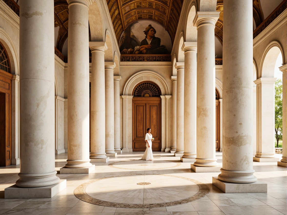 Prompt: Grandiose columns, ornate facades, symmetrical composition, creamy white marble, soft golden lighting, subtle beige stone, elegant archways, refined rustication, stately pilasters, ornamental pediments, richly patterned flooring, lavish fresco ceilings, warm terracotta tones, muted earthy hues, serene atmospheric perspective, 1/2 composition, soft focus, realistic textures, ambient occlusion.