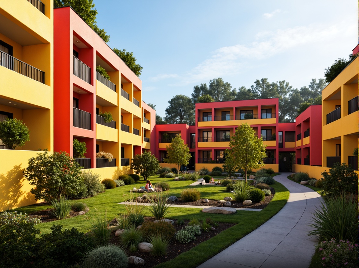 Prompt: Vibrant social housing complex, bold geometric facades, bright color schemes, angular balconies, modern minimalist architecture, energy-efficient windows, solar panels, green roofs, sustainable building materials, vertical gardens, urban landscape, warm sunny day, soft natural lighting, shallow depth of field, 3/4 composition, panoramic view, realistic textures, ambient occlusion.